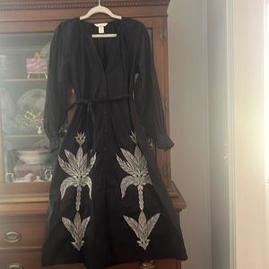 Black Floral Embroidered Midi Dress - Sheer Sleeve Tie Waist